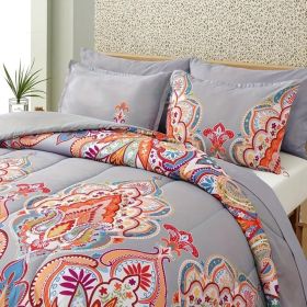 3 Piece Queen Comforter Set, Boho Pattern, Gray with Rainbow Floral
