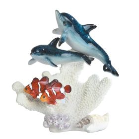 8"H Blue Dolphin and Red Clownfish on Coral Figurine Home Decor Gift
