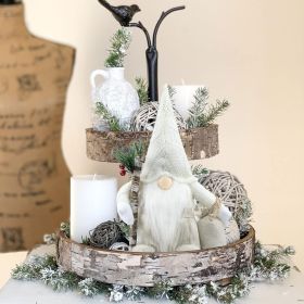 Christmas Gnomes Plush Decorations Handmade Scandinavian Tomte Stuffed Santa with Branch and Bag Xmas Decor for Home Kitchen Farmhouse Tiered Tra (Color: White)